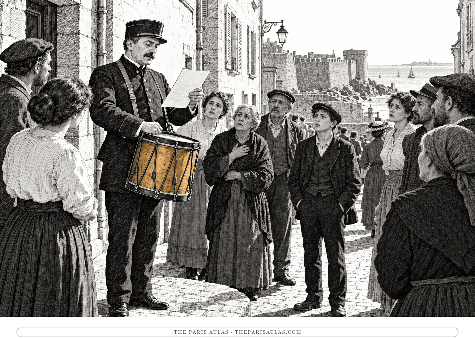 A town official with a drum reads a notice to an anxious crowd in a narrow Saint-Malo street.