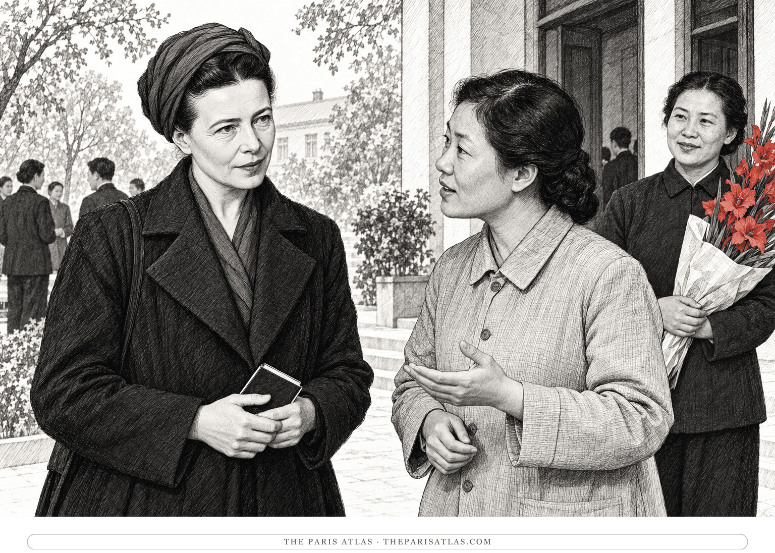 Simone de Beauvoir listens to an interpreter during a welcome in China, with scarlet flowers held nearby.