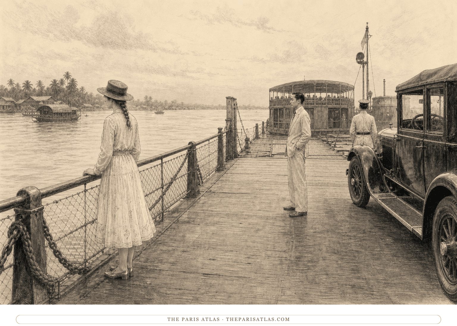 Pen-and-ink illustration of a fully clothed teenage girl at a Mekong ferry rail while an adult Chinese man stands several feet away beside a black limousine and its chauffeur