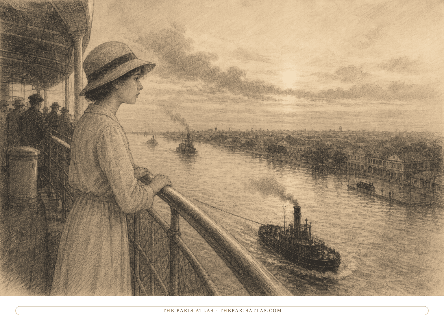 Pen-and-ink illustration of a fully clothed teenage girl standing at a mail steamer rail as tugboats pull the ship away from Saigon harbor