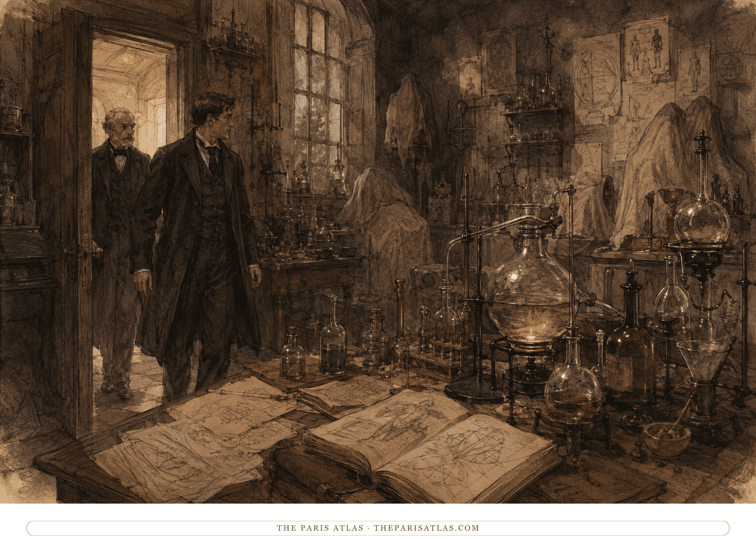 Arthur and Dr. Porhoët enter Oliver Haddo’s shadowed estate laboratory filled with vessels and occult diagrams
