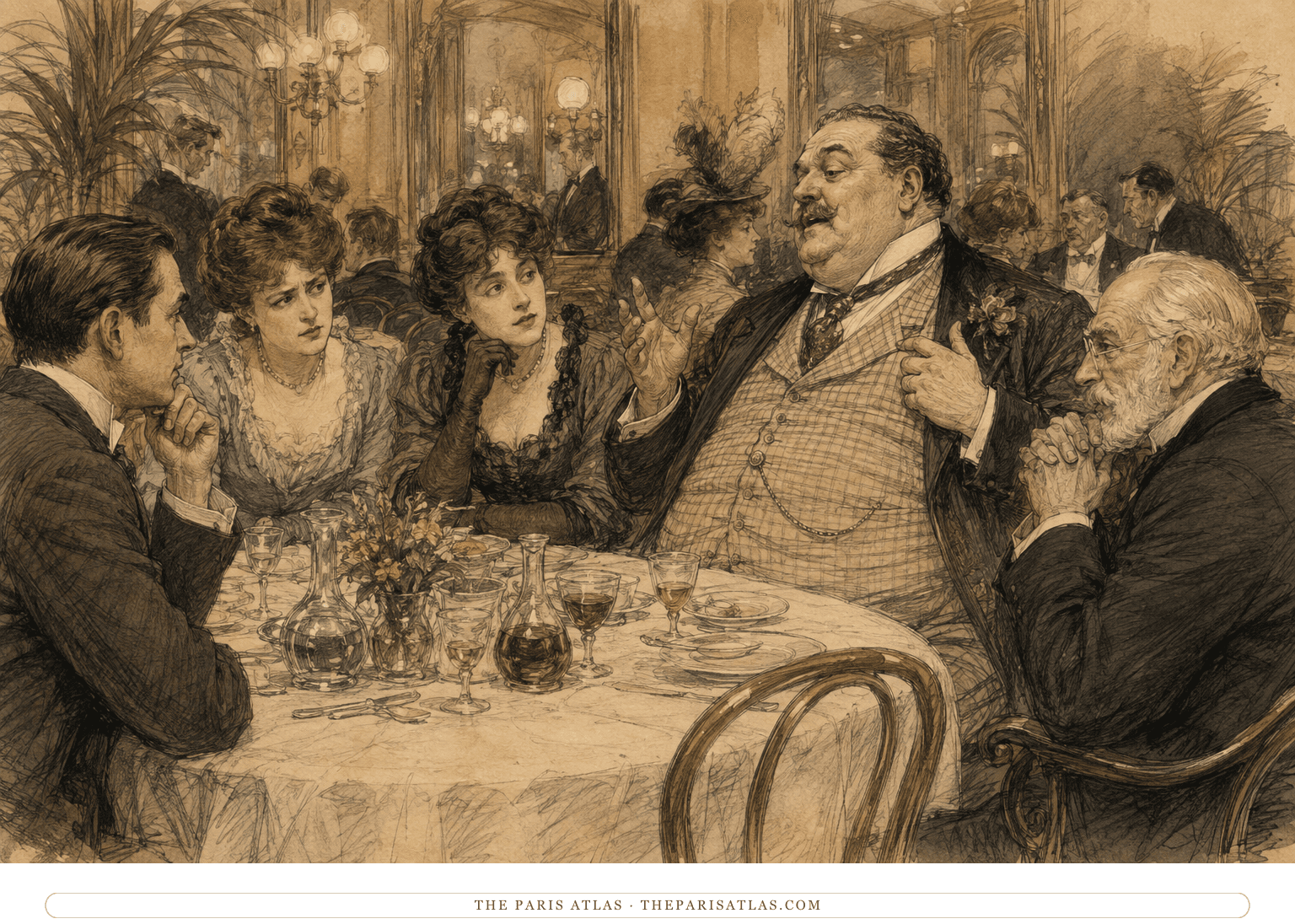 Arthur, Margaret, Susie, Dr. Porhoët, and Oliver Haddo sit around a Paris restaurant table as the conversation becomes tense