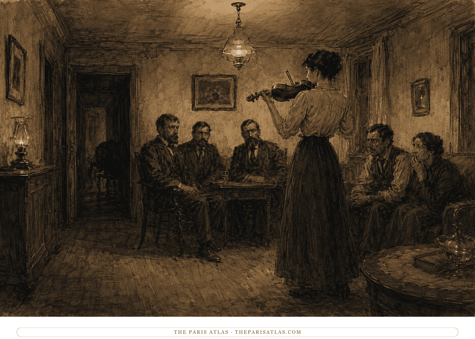 Grete plays violin for three lodgers in the Samsa sitting room as Gregor’s indistinct silhouette emerges from the dark hallway