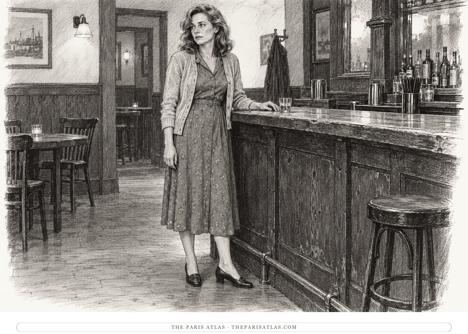 An imagined Wanda Wilcox stands beside a worn bar, wearing an old-fashioned dress and carefully kept shoes.