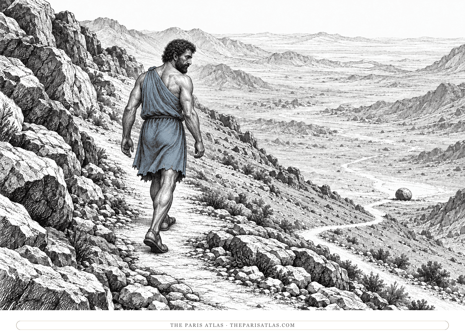 Sisyphus walks down a winding barren mountain path with empty hands, his muted blue-gray tunic contrasting with the distant boulder below.