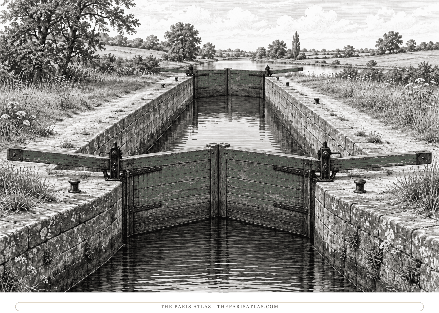An old masonry canal lock holds quiet water between closed timber gates; muted green paint clings to their weathered planks and balance beams.