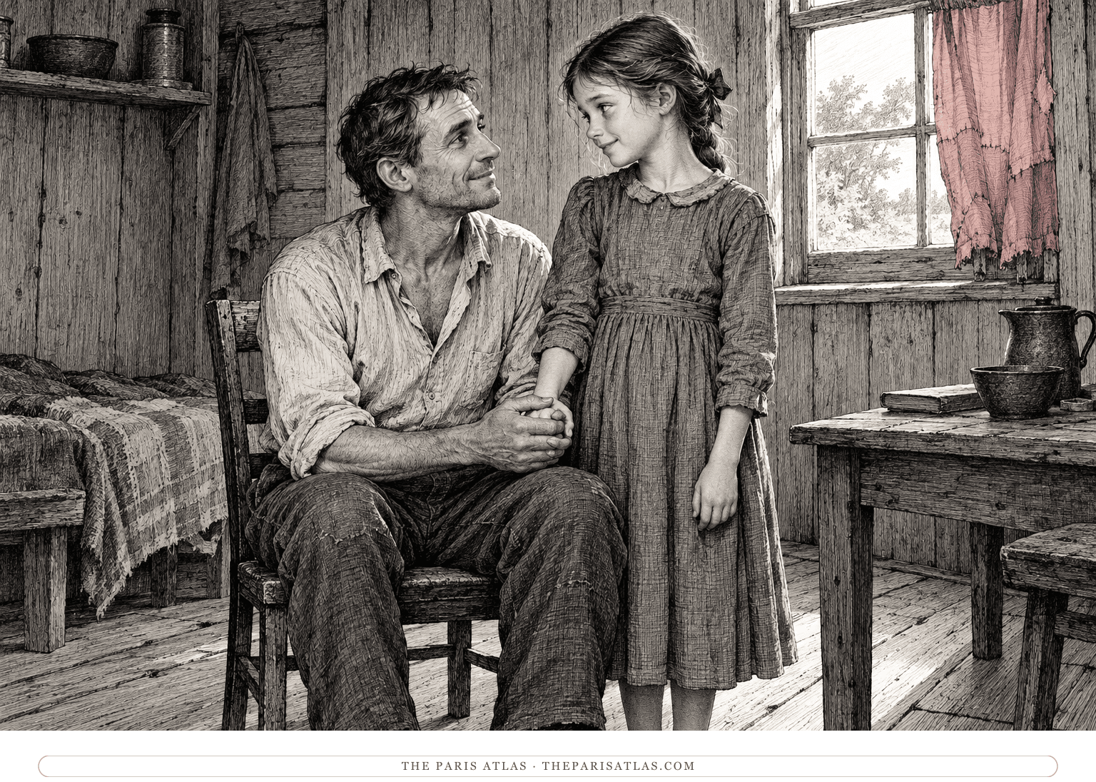 A father and daughter share a hopeful look inside a poor wooden room; muted rose pigment follows the folds of a patched window curtain.