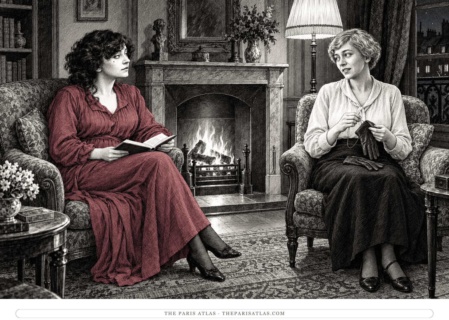 Fanny and Jane sit in separate chairs beside a salon fireplace, Fanny holding a book and Jane mending a leather glove; dark-rose pigment is confined to Fanny’s loose dress.