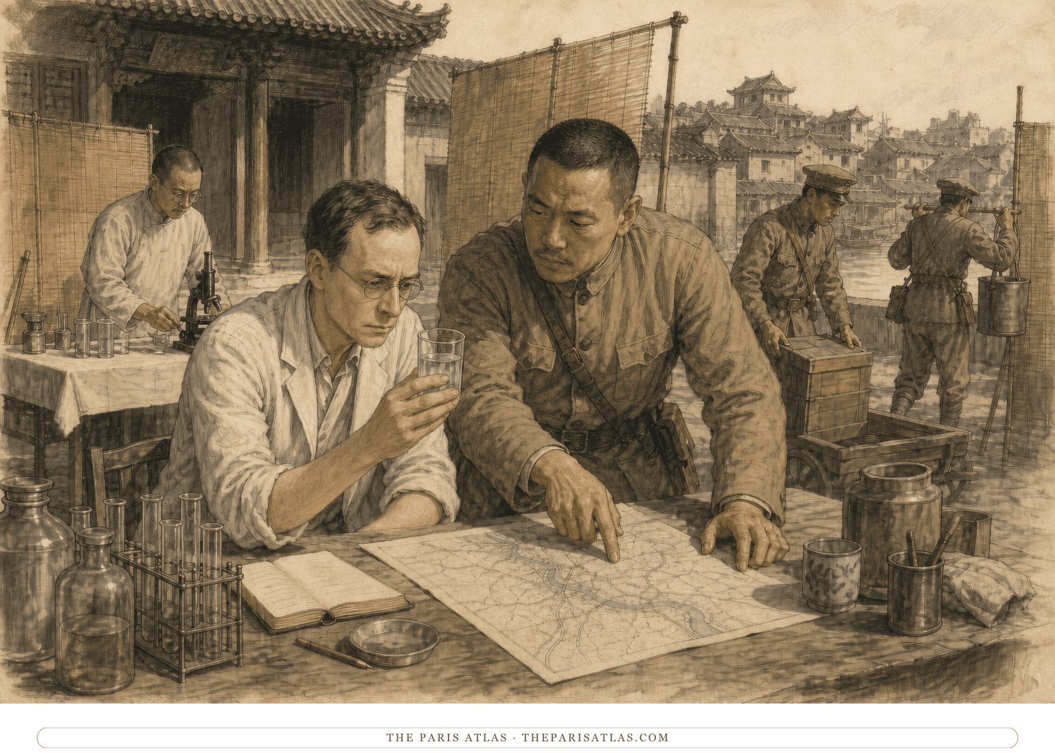 Pen-and-graphite illustration of Walter examining a water sample while Colonel Yu points to a map and a Chinese medical team moves supplies in a yamen courtyard
