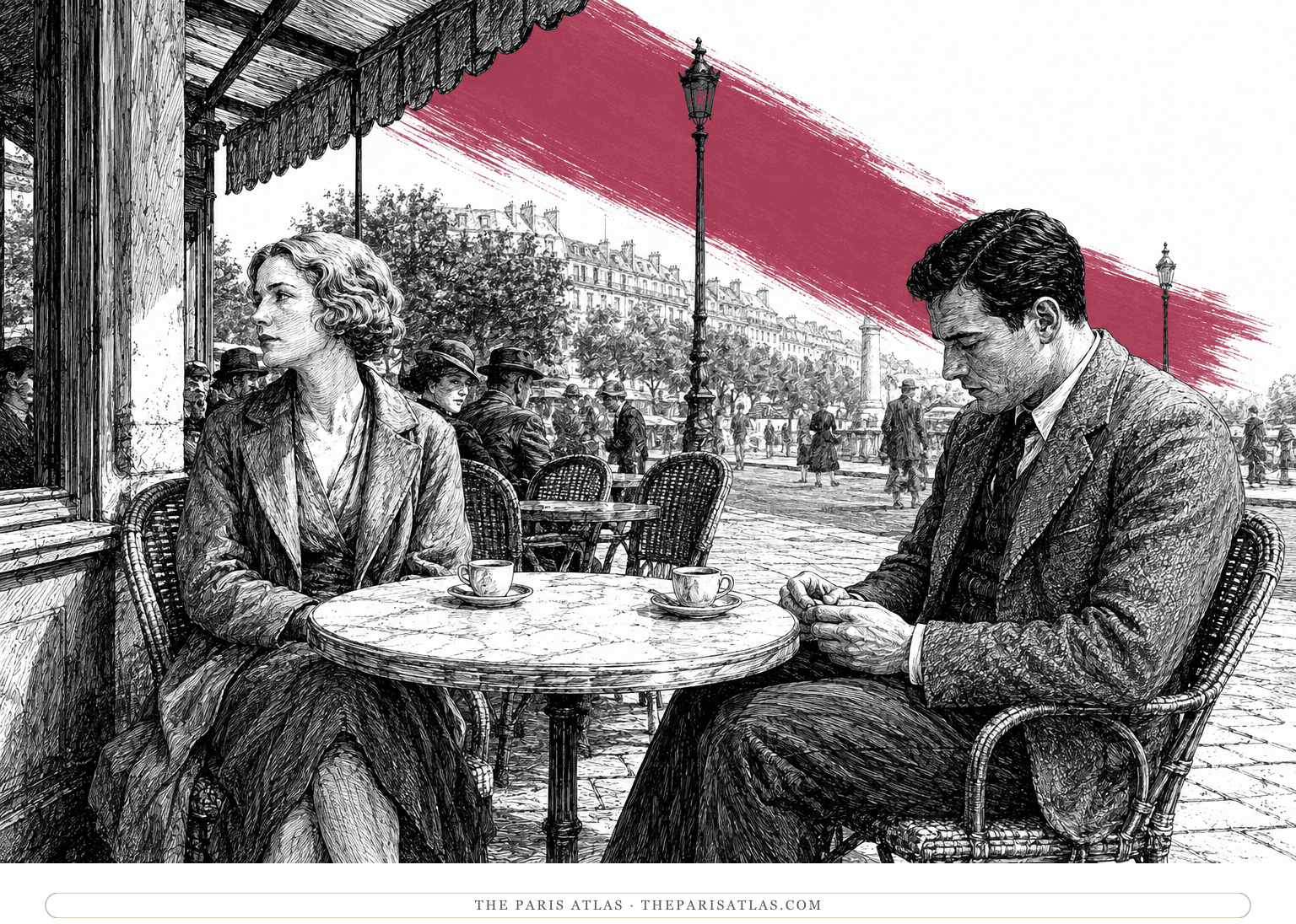 A woman looks toward the street while a young man looks down across their café table, under a slanting deep-rose brushstroke.