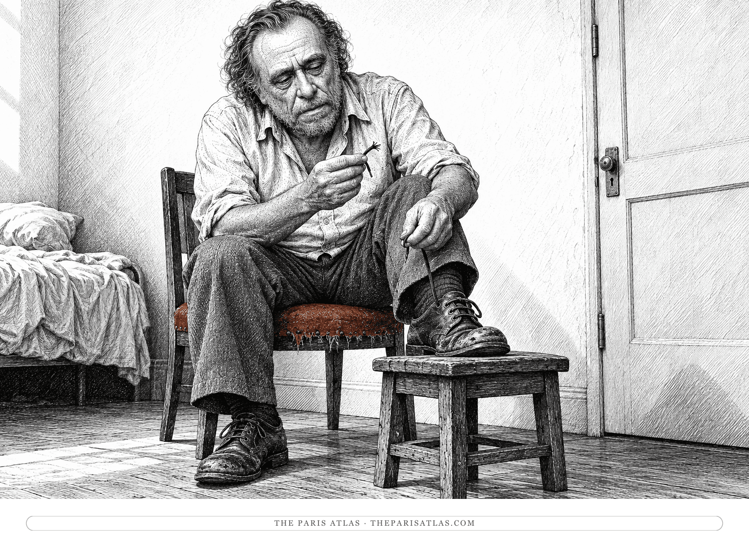 An older Bukowski-like speaker sits bent over a shoe in a modest room, holding a snapped shoelace; the worn chair seat is colored muted rust.