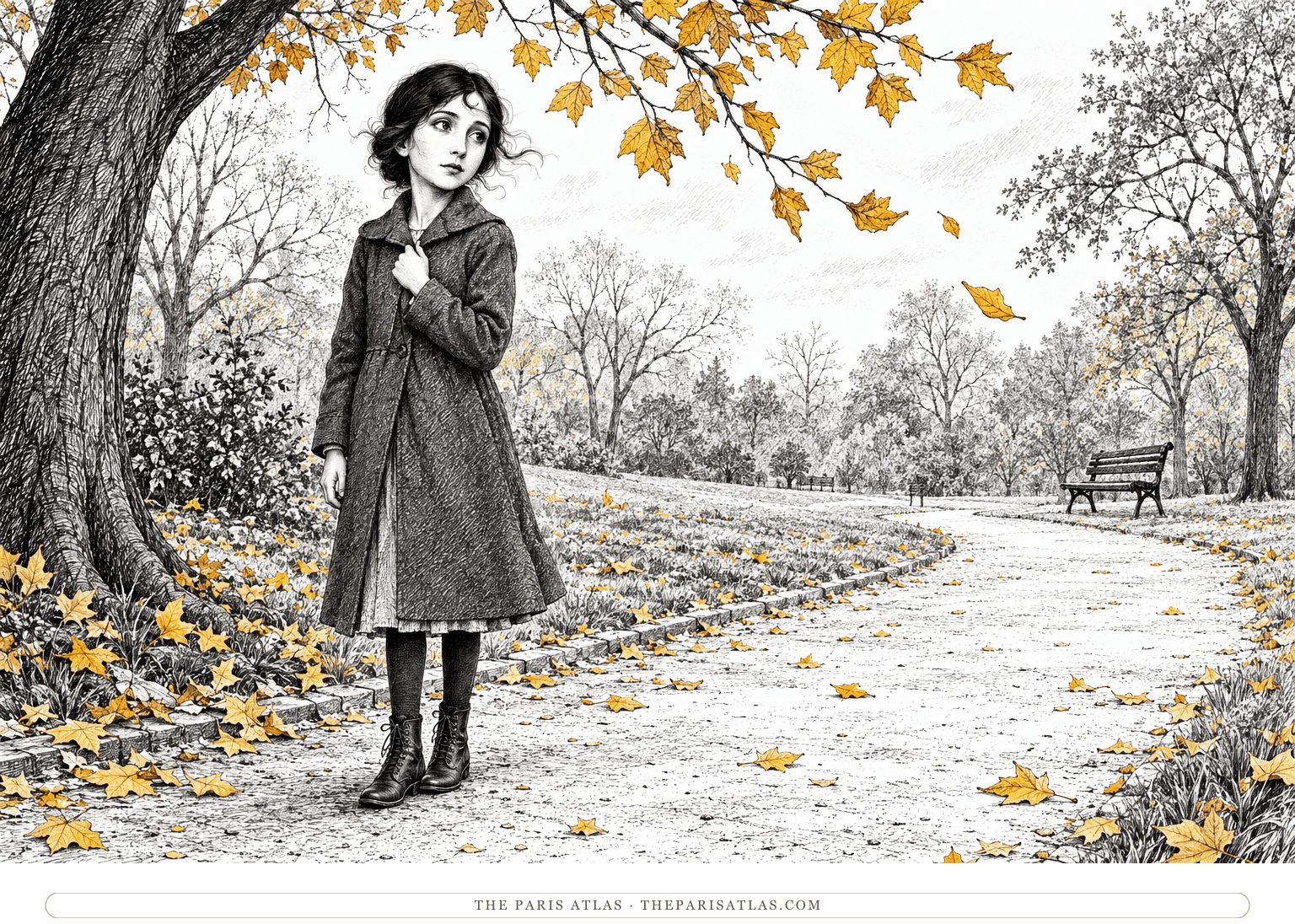 Twelve-year-old Anaïs Nin stands thoughtfully on an autumn park path as yellow leaves blow past, wearing a modest coat, stockings and boots.