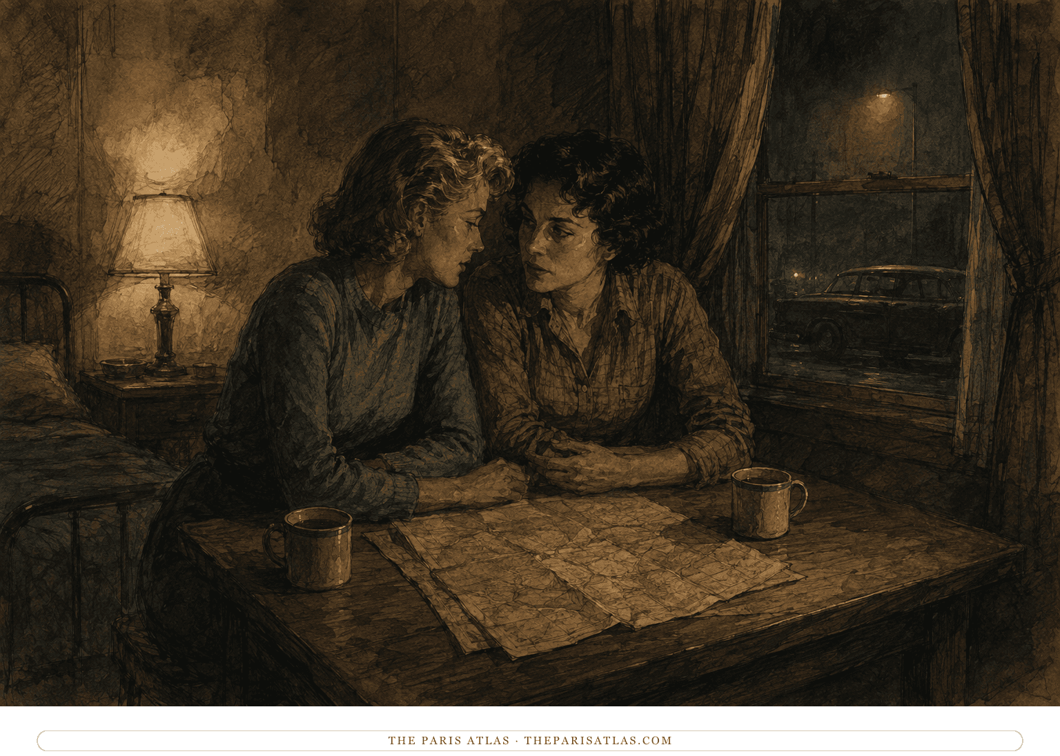 Carol and Therese sit with a road map and coffee in a dim roadside motel room