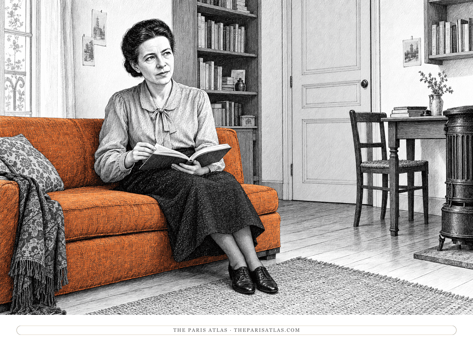 Young Simone de Beauvoir sits with an open book on an orange upholstered divan in her simple private Paris room, with bookshelves and a closed door behind her.