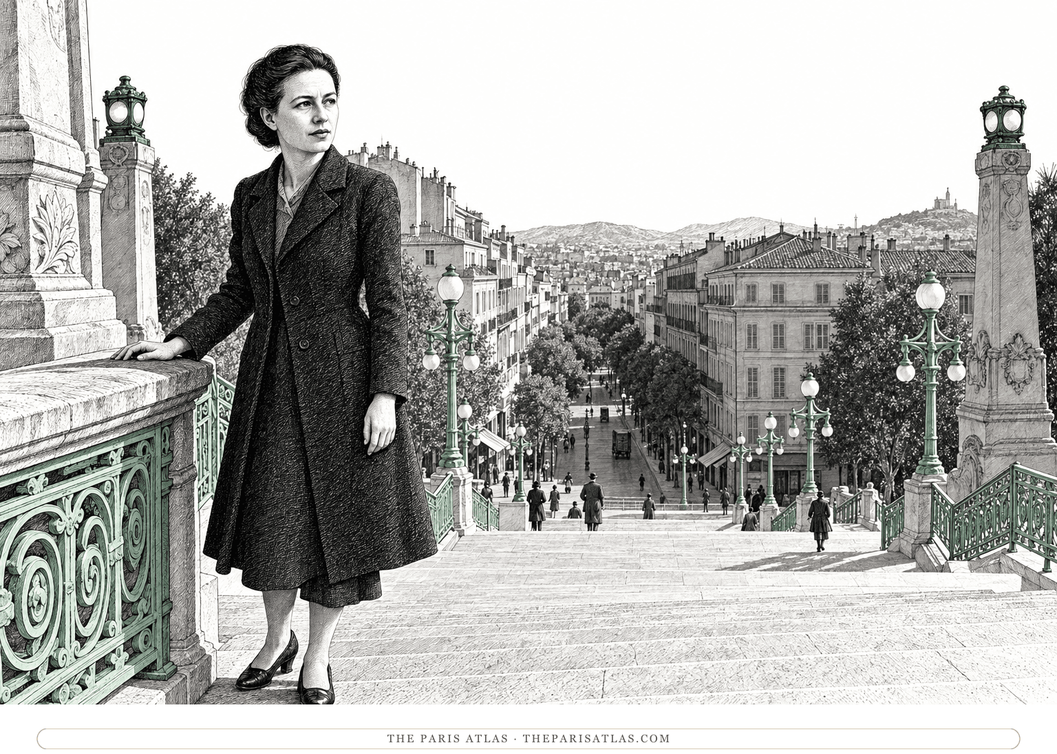Twenty-three-year-old Simone de Beauvoir pauses empty-handed on the Saint-Charles station steps above Marseille, beside pale green iron railings with the city and distant hills beyond.