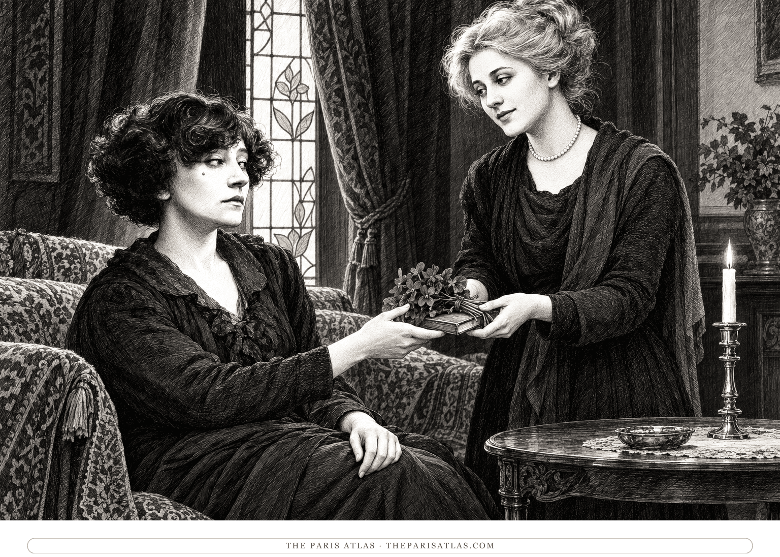 Renée Vivien offers Colette a book partly concealed beneath a small bunch of purple violets in a curtained Paris room.