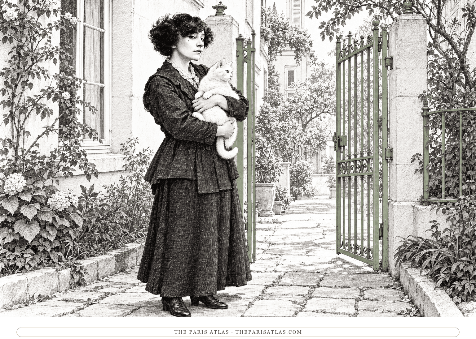 Colette cradles a white cat in a quiet Paris courtyard, beside a pale green iron gate and a ground-floor window.