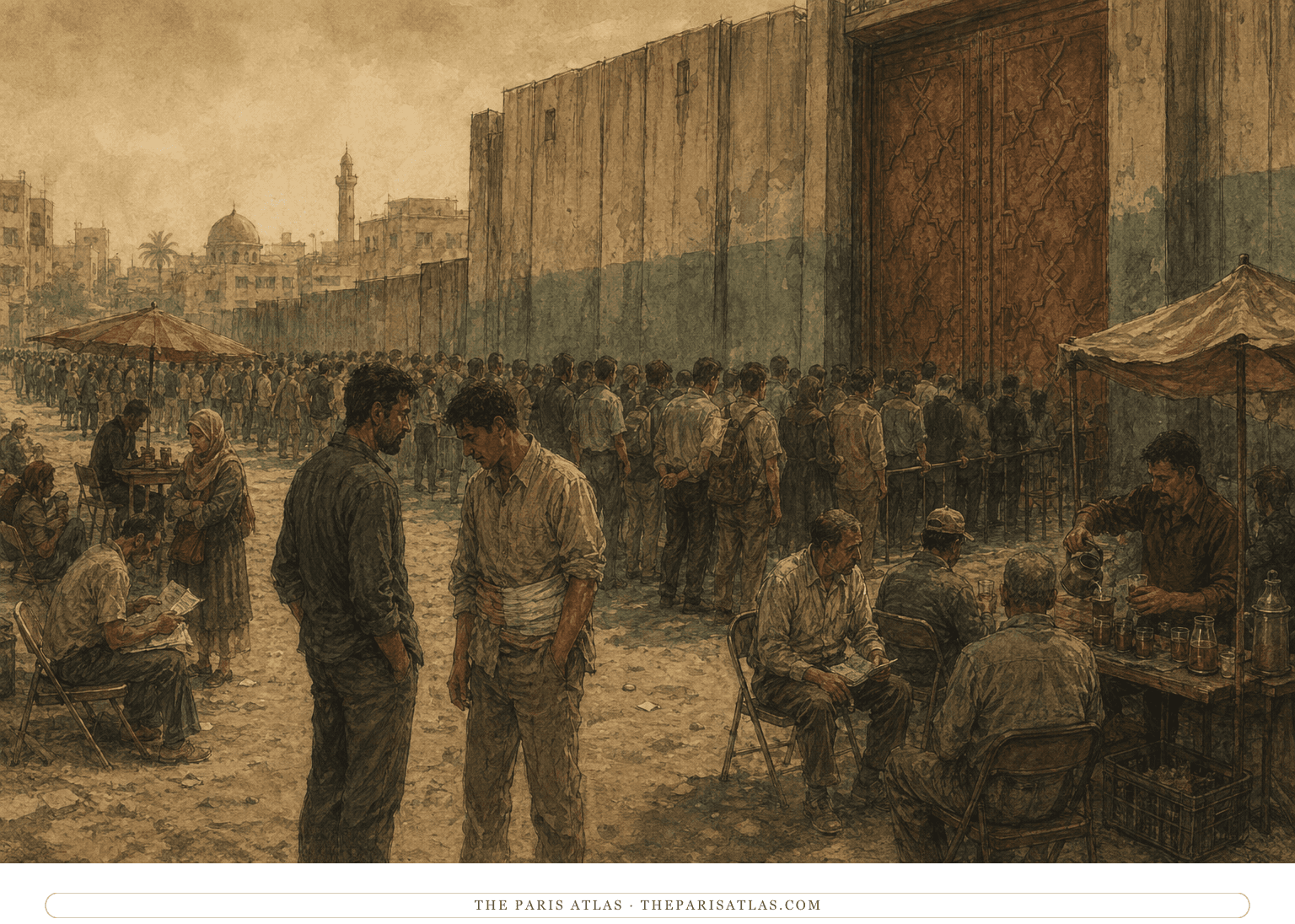 Citizens wait in an immense line outside the sealed Gate