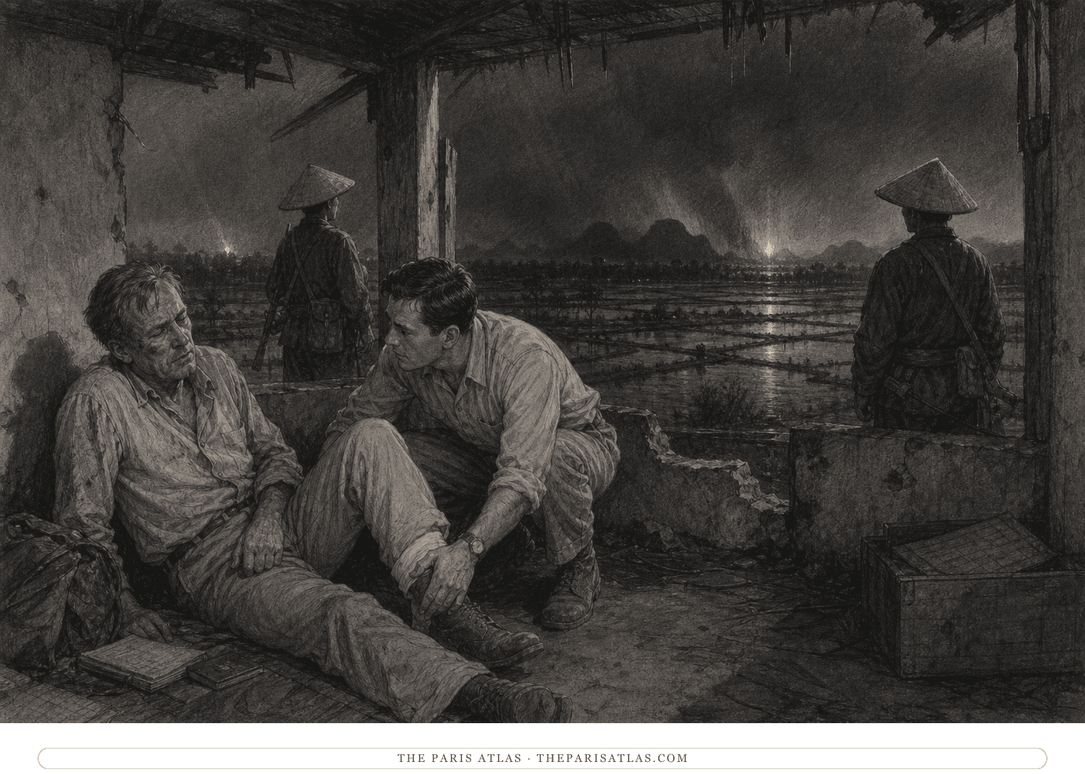 Pen-and-graphite illustration of two men sheltering inside a damaged rural watchtower at night while a flooded rice field and distant flashes of war fill the view outside