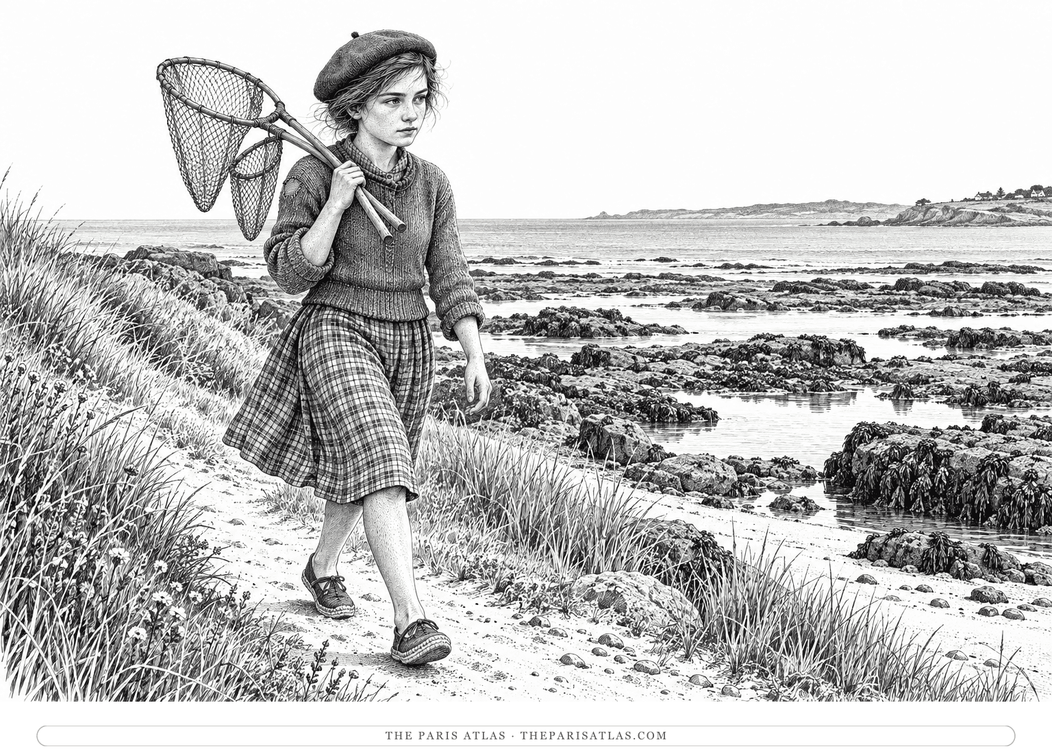 Vinca carries two shrimping nets along a safe, gently sloping path toward the Breton shore, wearing a blue wool beret and everyday fishing clothes.