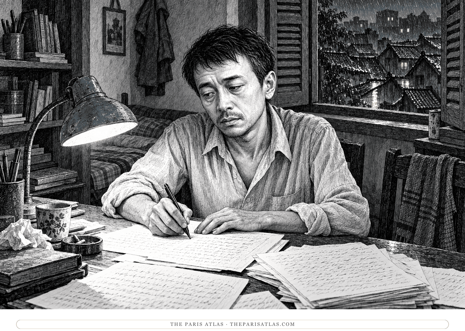 Kiên writes at a small table in postwar Hanoi, with loose manuscript pages under a blue-green desk lamp and rain beyond the shutters.
