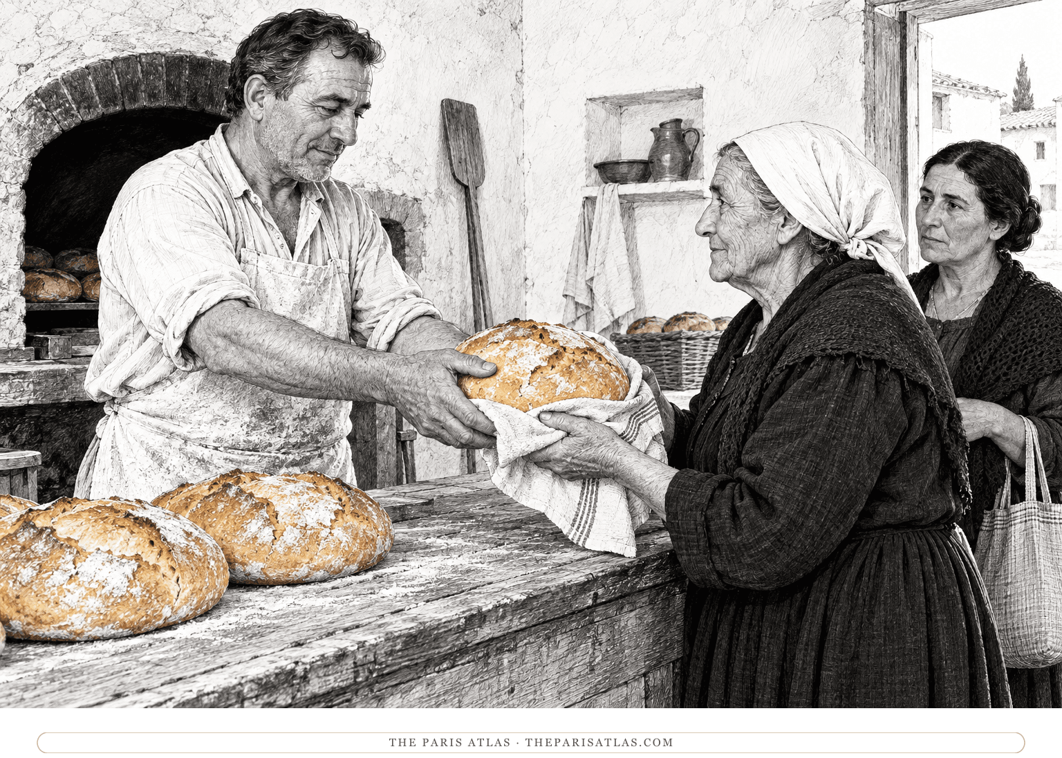 In a village bakery, an adult baker hands a round loaf to an older woman while another woman waits beside a wooden counter stacked with bread.