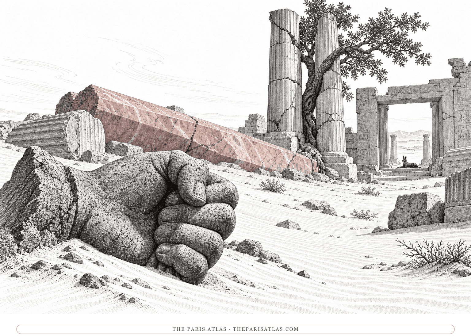 A colossal carved stone hand lies partly buried in windblown sand before broken temple columns, a fallen rose-marble monolith and a fig tree growing through the ruins.