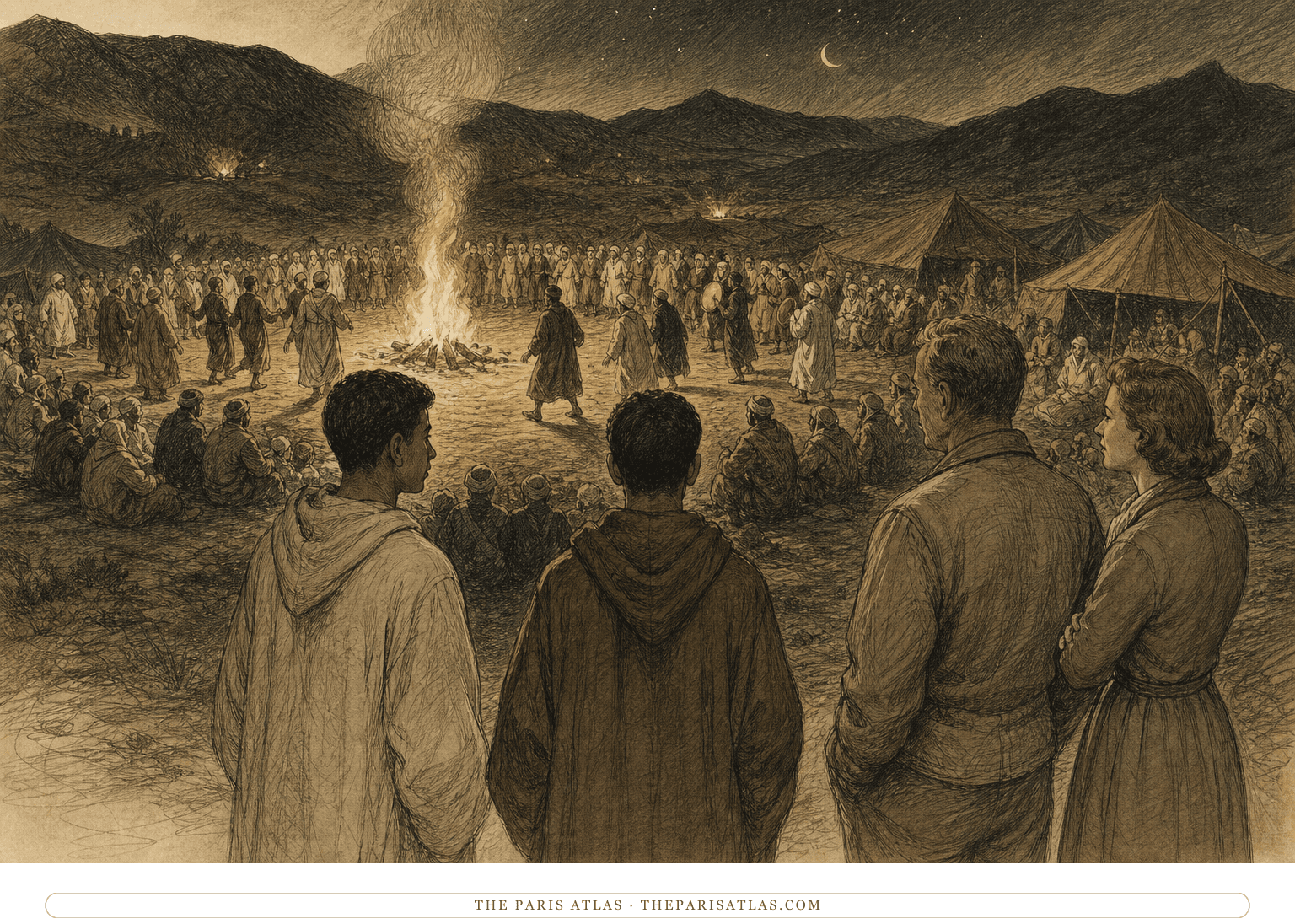 Pen-and-graphite illustration of a nighttime mountain religious celebration near Fez, with a ring of dancers around a bonfire and four travelers watching from the edge