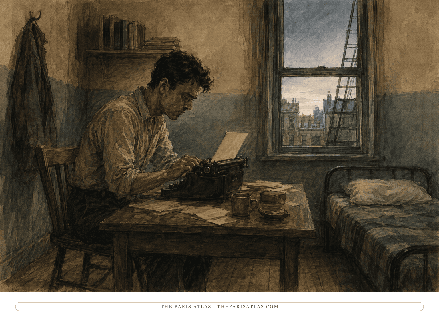 Leo Percepied sits alone at a typewriter in a small room as pages accumulate and dawn reaches the window