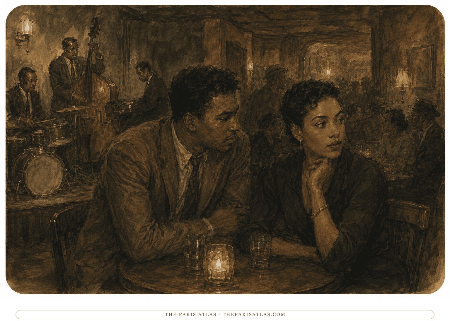 Leo Percepied and Mardou Fox lean close at a 1950s jazz-club table while musicians play behind them