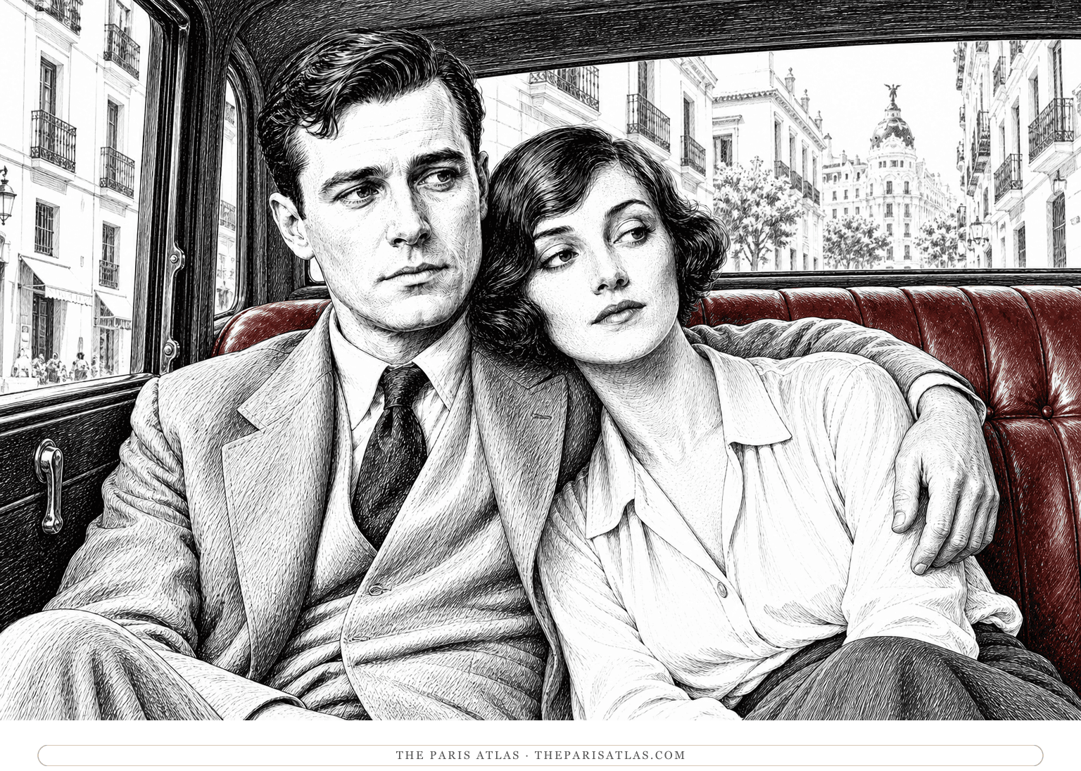 Jake Barnes and Brett Ashley sit close together in the rear seat of a 1920s taxi, with sunlit Madrid buildings visible through the window.