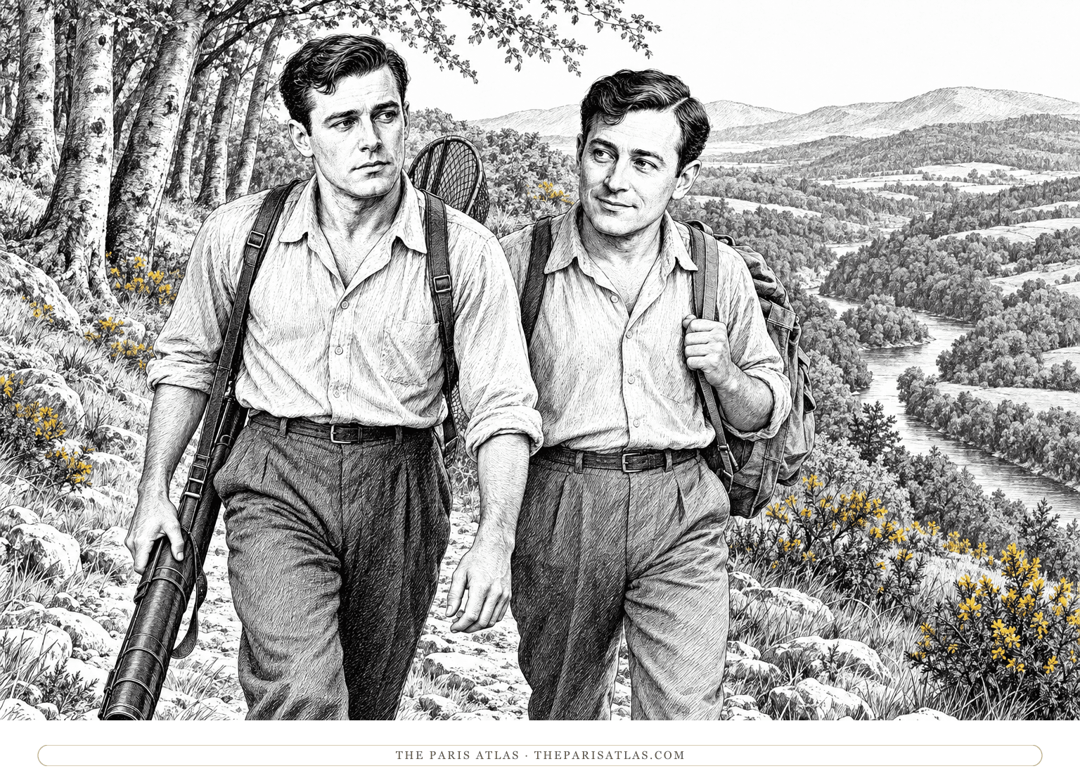 Jake Barnes and Bill Gorton walk along a high-country path carrying fishing equipment, with yellow gorse flowers beside the wooded hills.