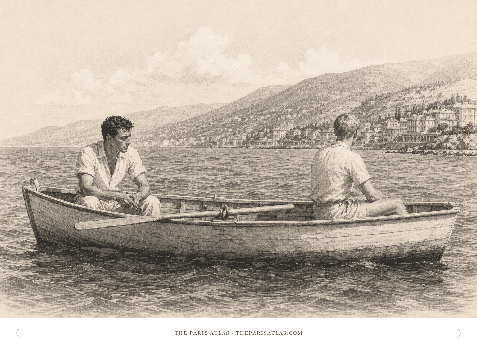 Graphite illustration of two young men sitting apart in a small wooden boat on the water off San Remo, with an oar between them