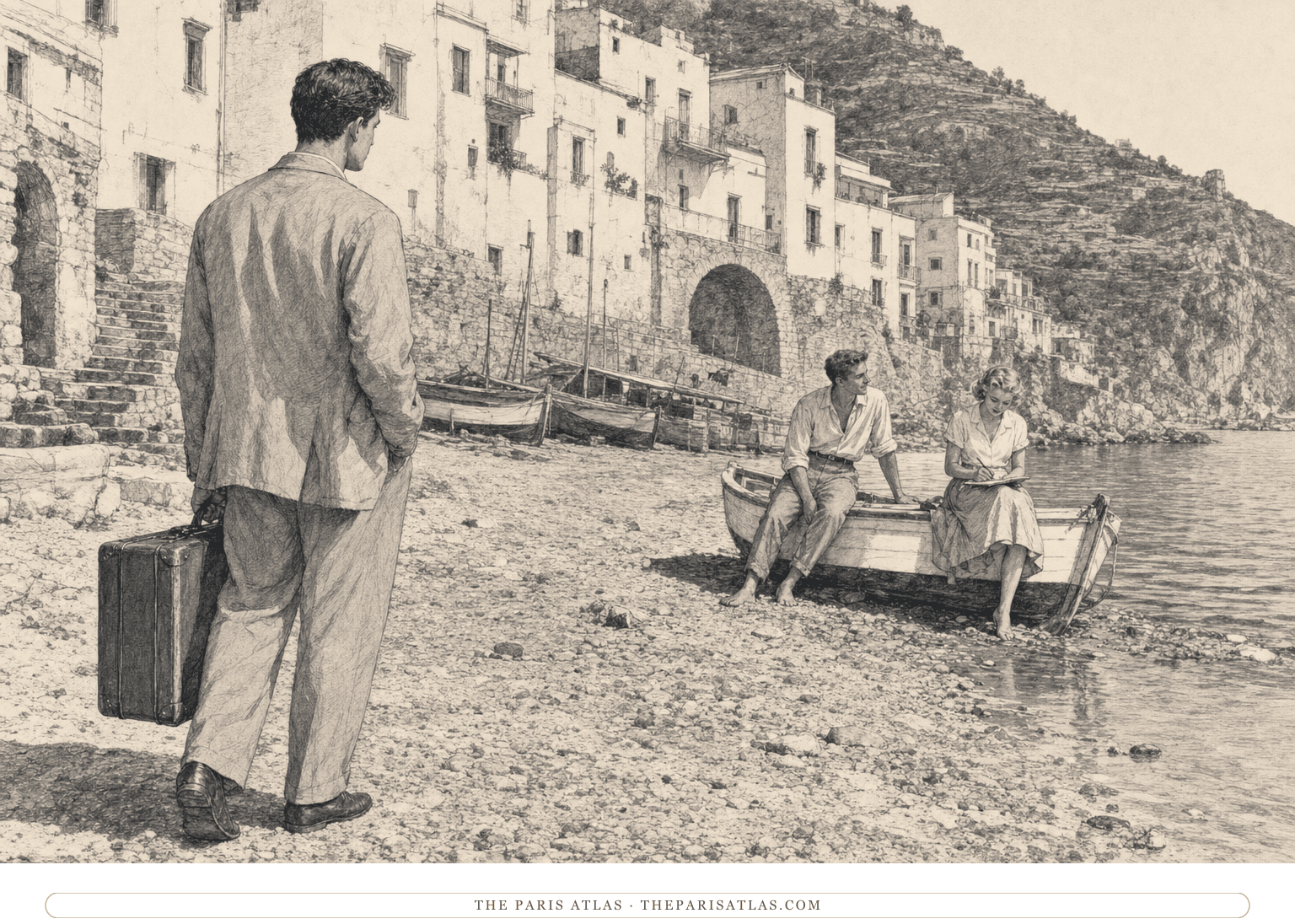 Graphite illustration of Tom Ripley arriving with a suitcase while Dickie Greenleaf and Marge Sherwood stand beside a small boat on an Italian beach