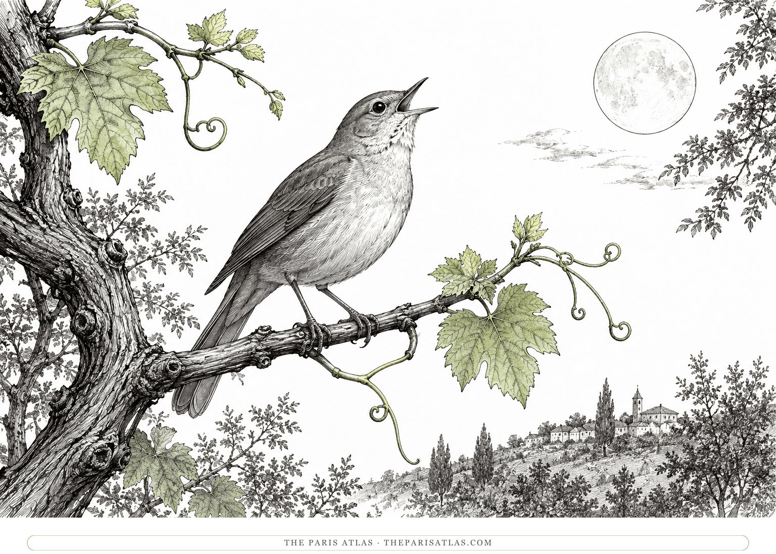 A nightingale sings freely on a young vine branch under the moon, among curling tendrils and fresh pale-green leaves.