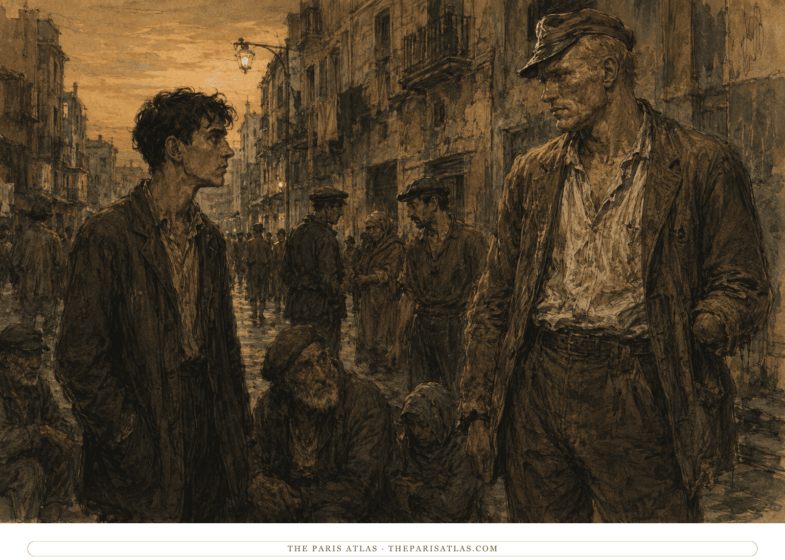 Ink-and-watercolor illustration of a thin young man in a crowded, worn 1930s Barcelona street looking across at a larger blond man in a damaged cap whose right hand is missing