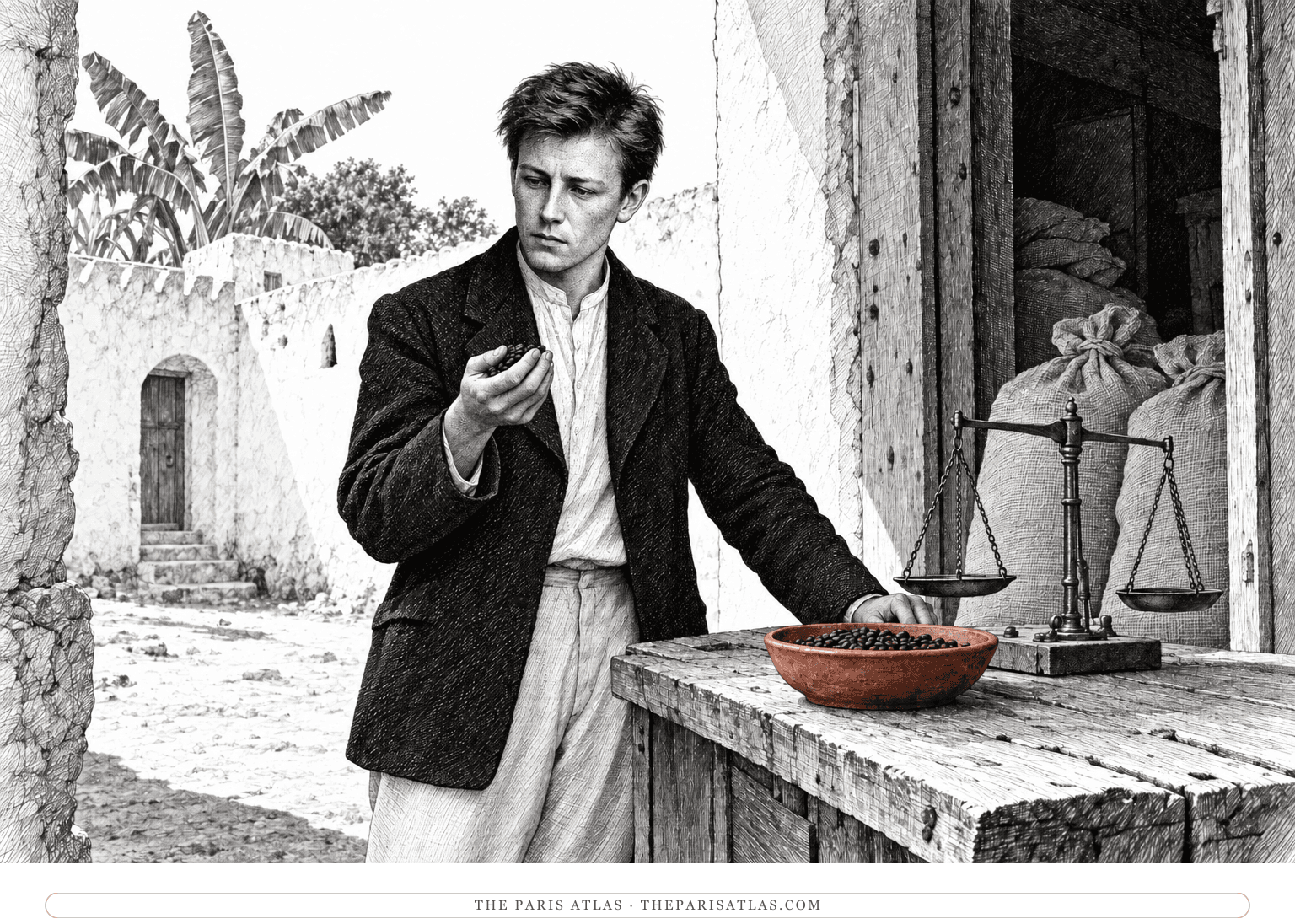 An adult Arthur Rimbaud examines coffee beans beside a balance scale and tied sacks at the entrance to a Harar trading store.