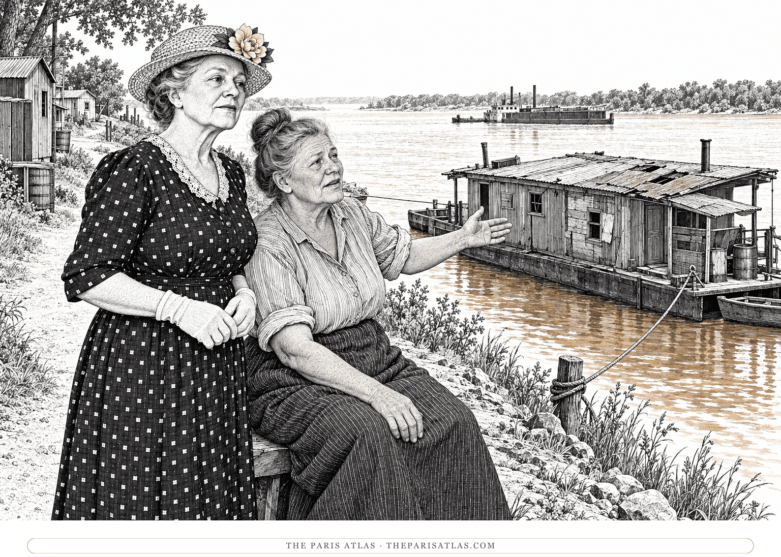 Mrs Maddison pauses beside Maybelle on the Mississippi riverbank as they look toward a weathered houseboat with a damaged roof.