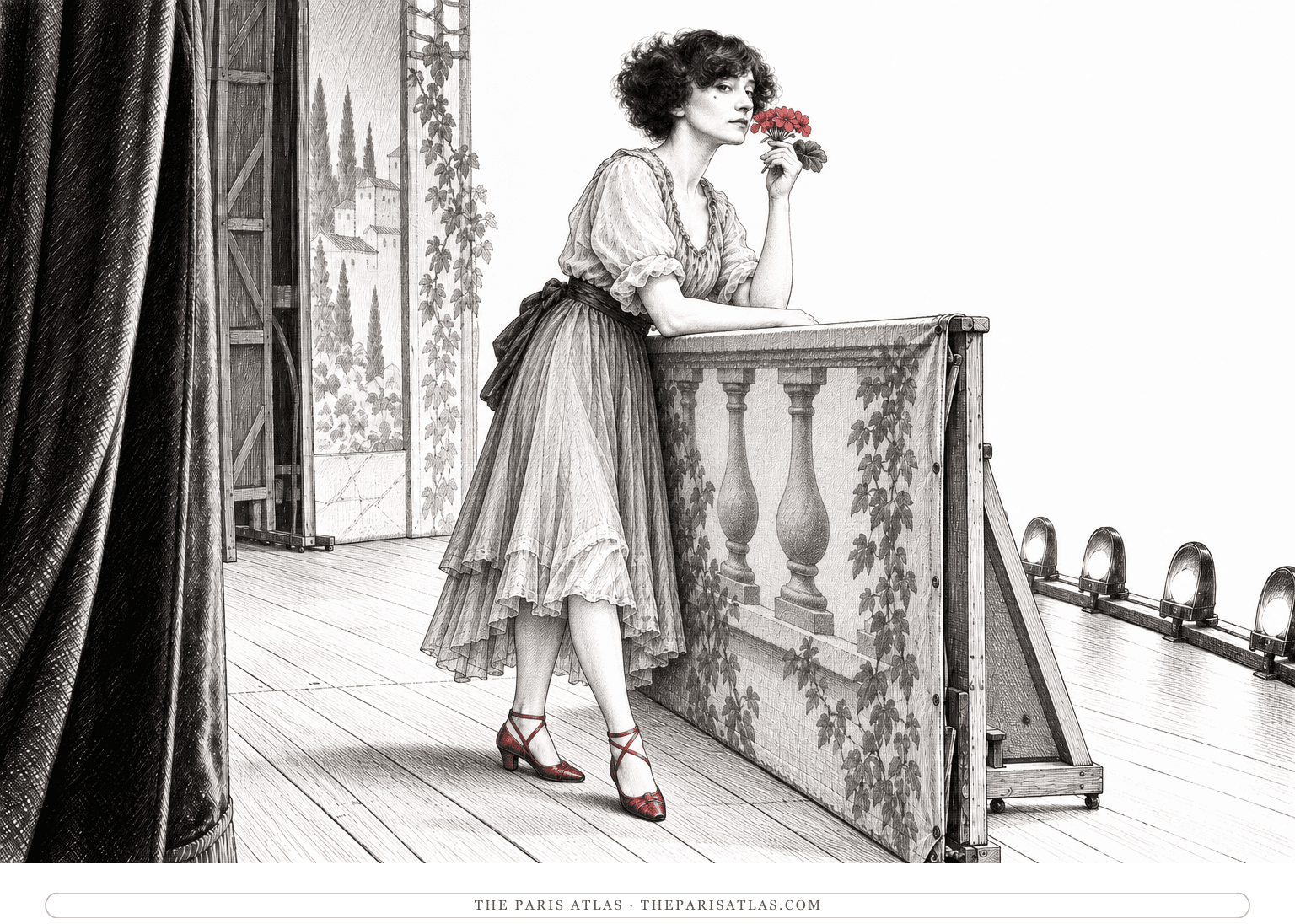 Renée Néré, depicted with Colette’s likeness, leans on a canvas stage balcony and raises a red artificial geranium toward her face.