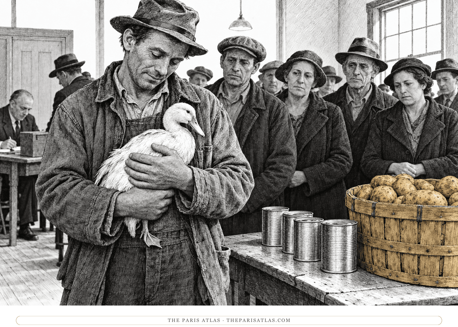 An unemployed father holds a live duck after a food-prize drawing in Camden, beside cans and potatoes, as other adults watch.