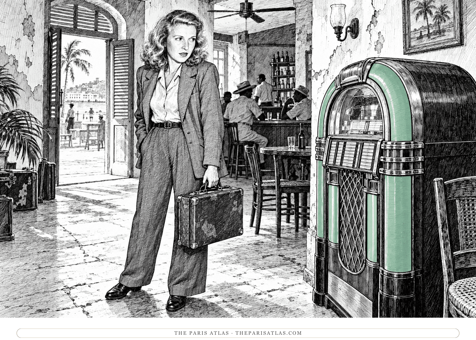 Martha Gellhorn, using her established portrait likeness, pauses with luggage beside a jukebox in a shabby Port-au-Prince hotel.