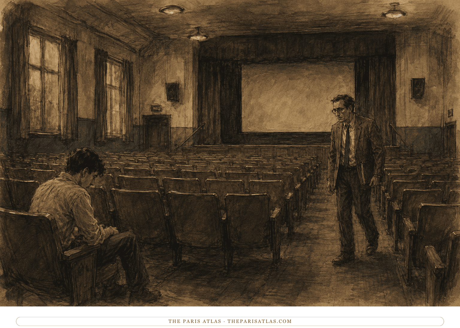 Robert sits alone in the nearly empty school auditorium while Ben Ross approaches after ending the Wave