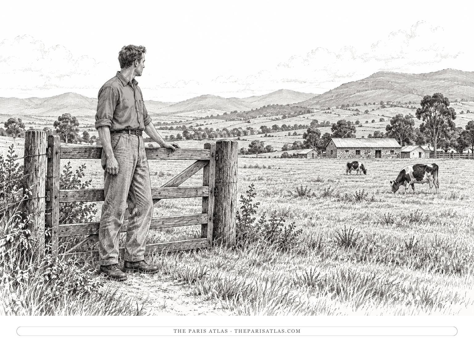 An imagined Ian stands beside a timber farm gate overlooking cattle pasture and the East African highlands.