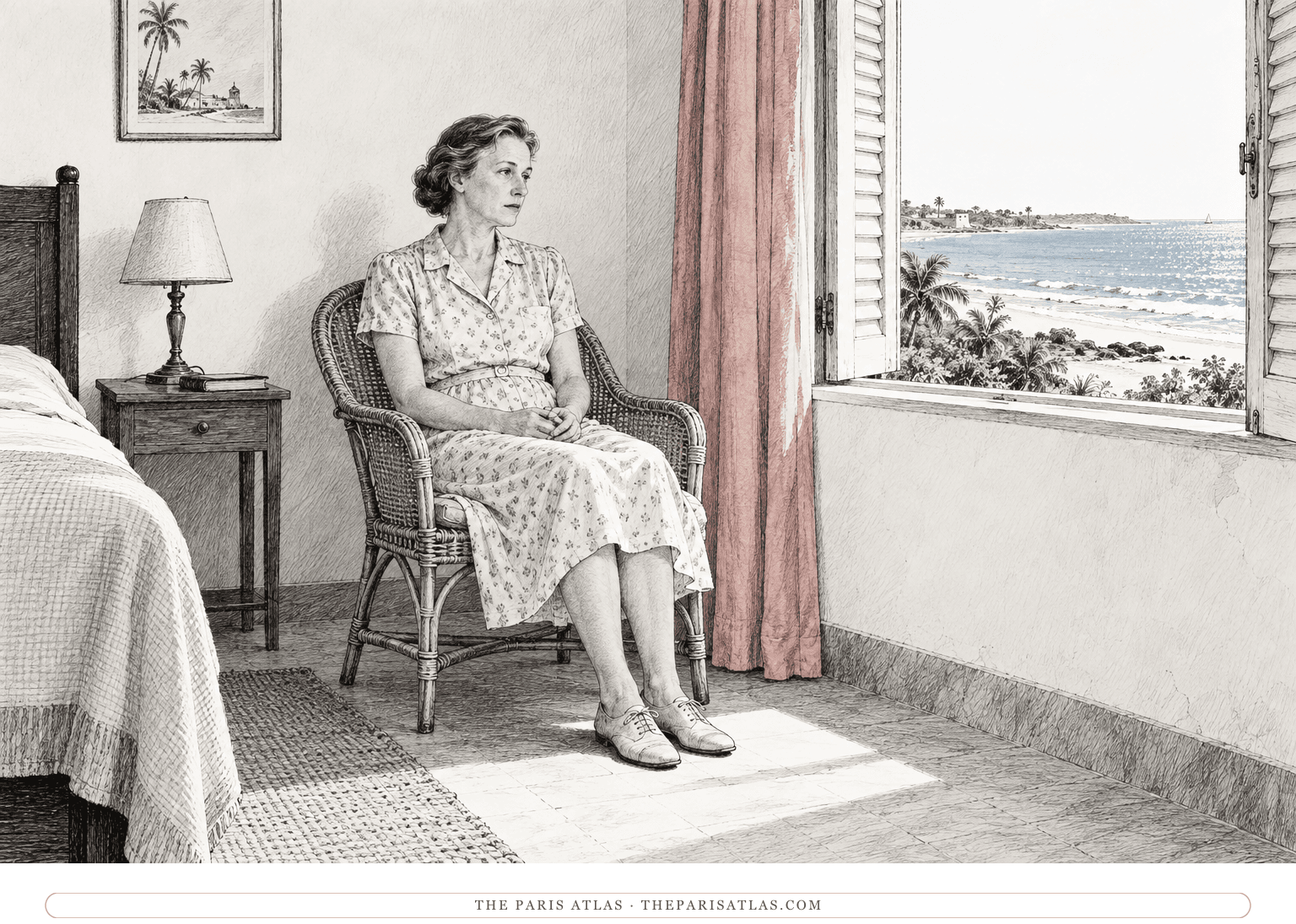 An imagined Mrs Jamieson sits alone in a spare coastal hotel room, with light from an open shuttered window and the sea beyond.