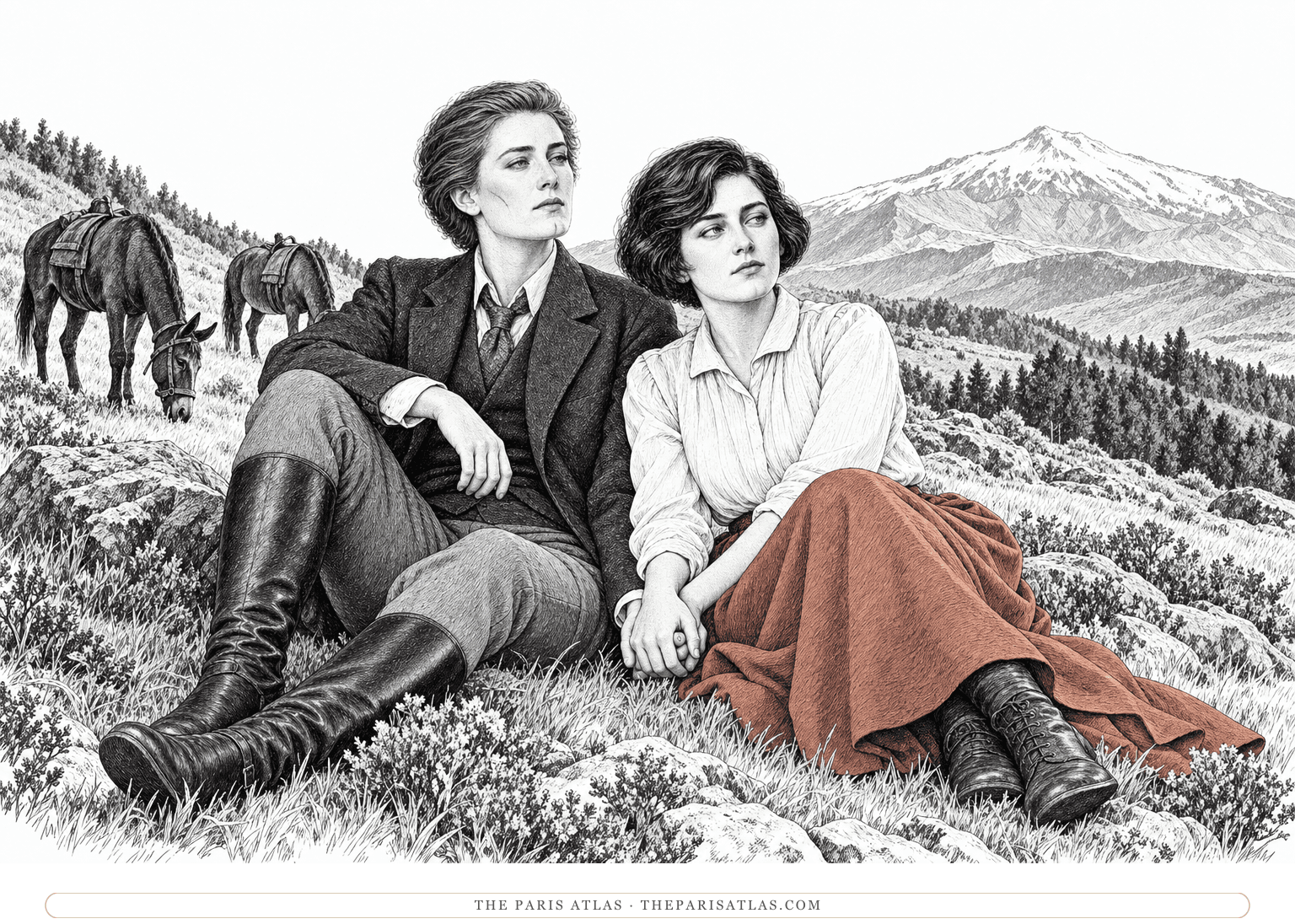 Stephen Gordon and Mary Llewellyn sit hand in hand on an upland slope above Orotava, looking toward snowy Teide as their two mules graze nearby.
