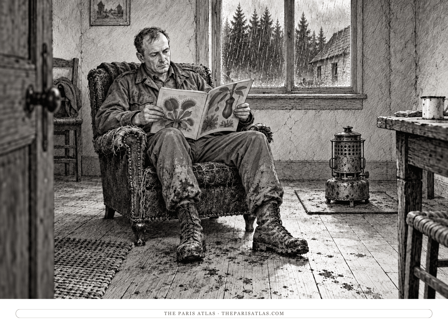 Lieutenant Colonel Smithers sits in a cold farmhouse with an open magazine, muddy boots near a worn stove and rain beyond the window.