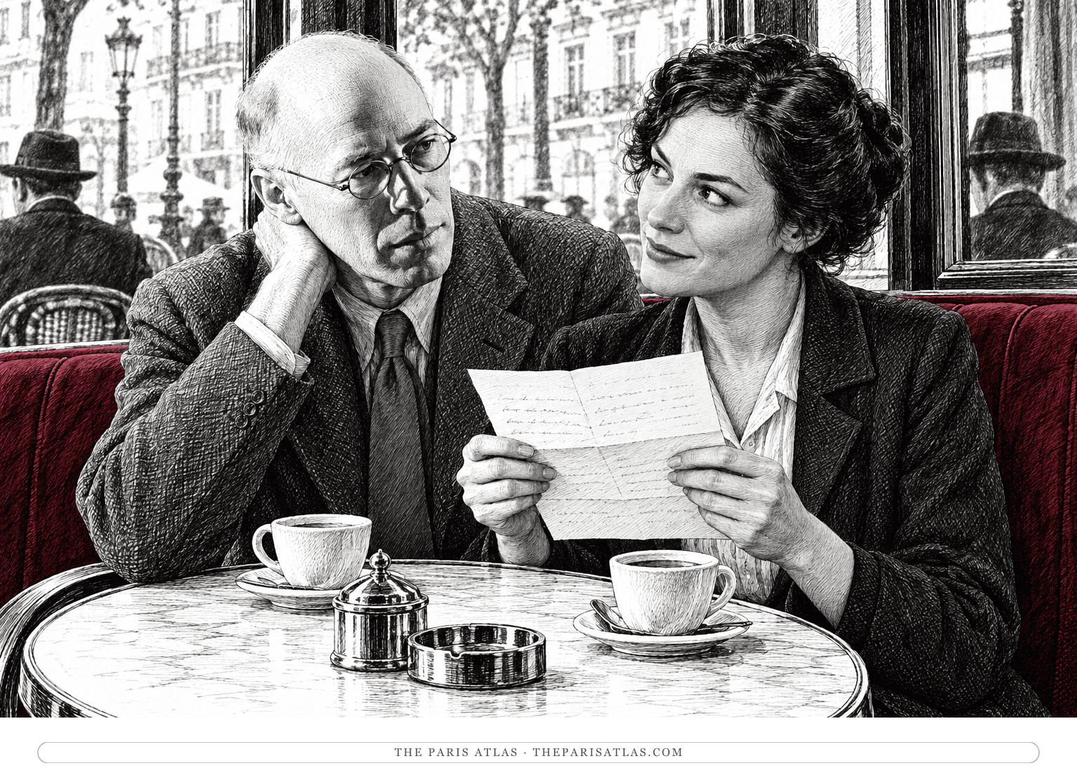 Claude holds Miller’s letter at a café table and looks toward him with an amused expression; burgundy upholstery supplies the color.