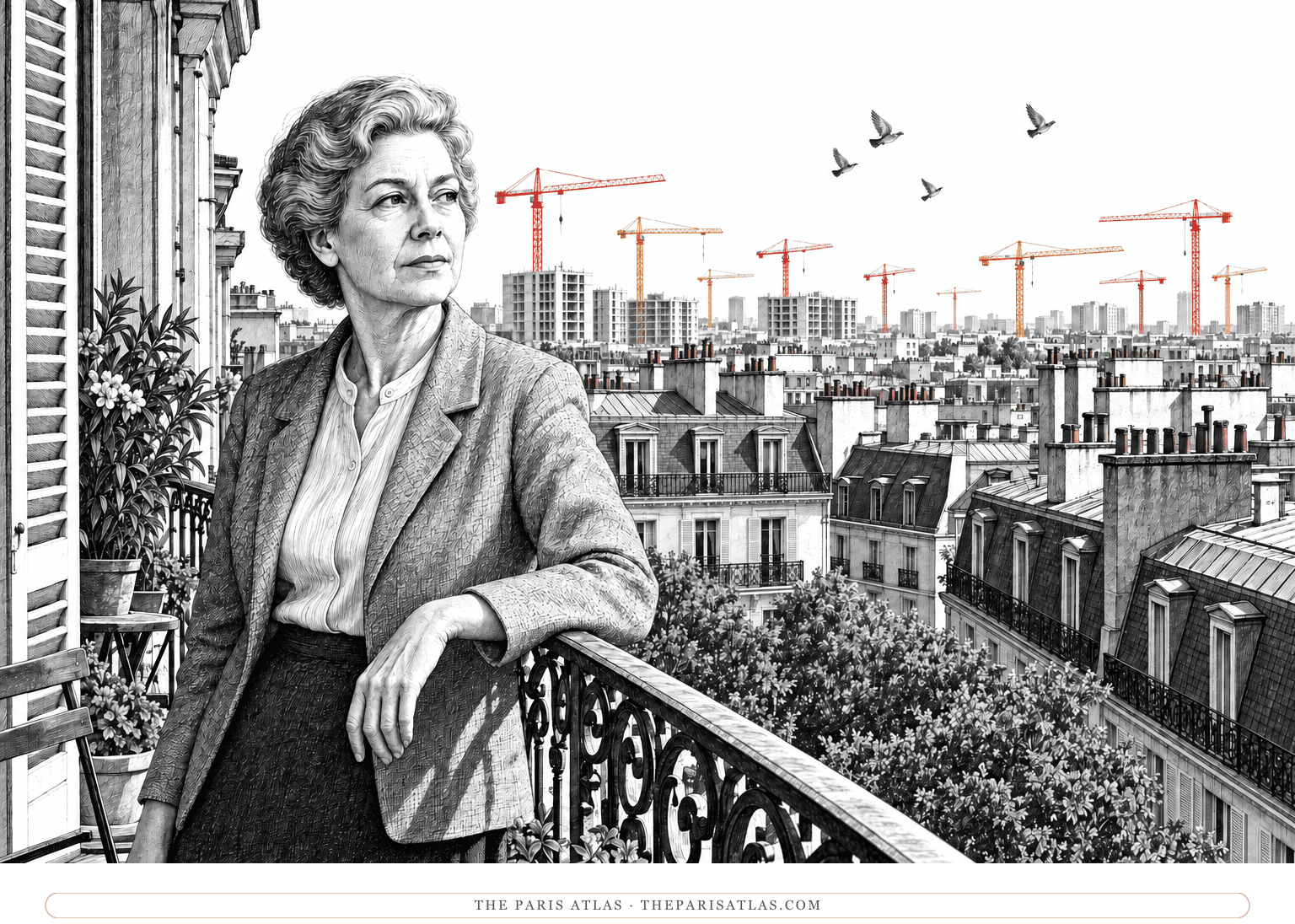The gray-haired narrator stands at a sixth-floor balcony railing, looking across slate roofs toward ten red and yellow construction cranes.