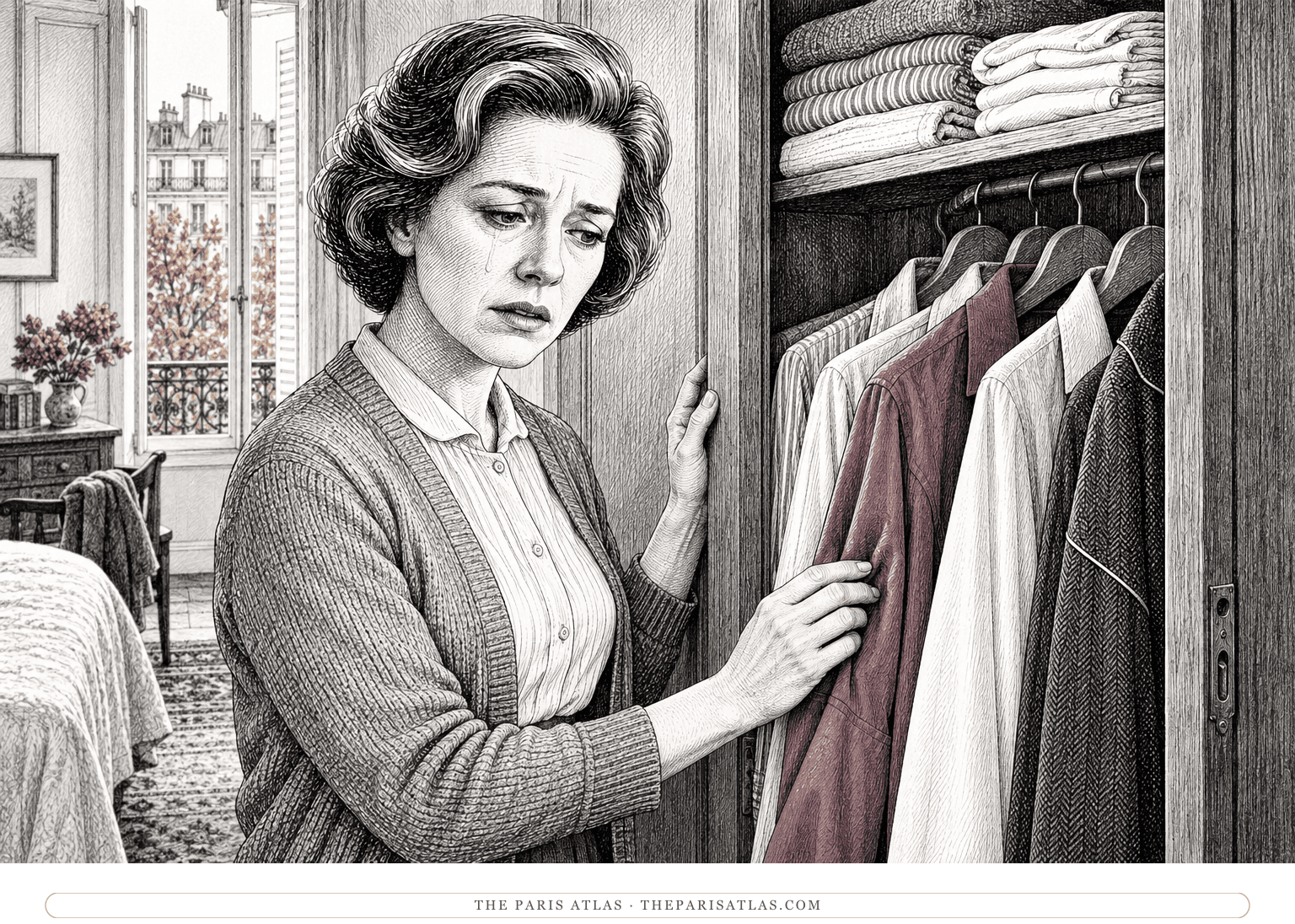 Monique stands beside Maurice’s open wardrobe, tearful as she looks at his shirts and folded garments; muted plum colors one soft shirt.