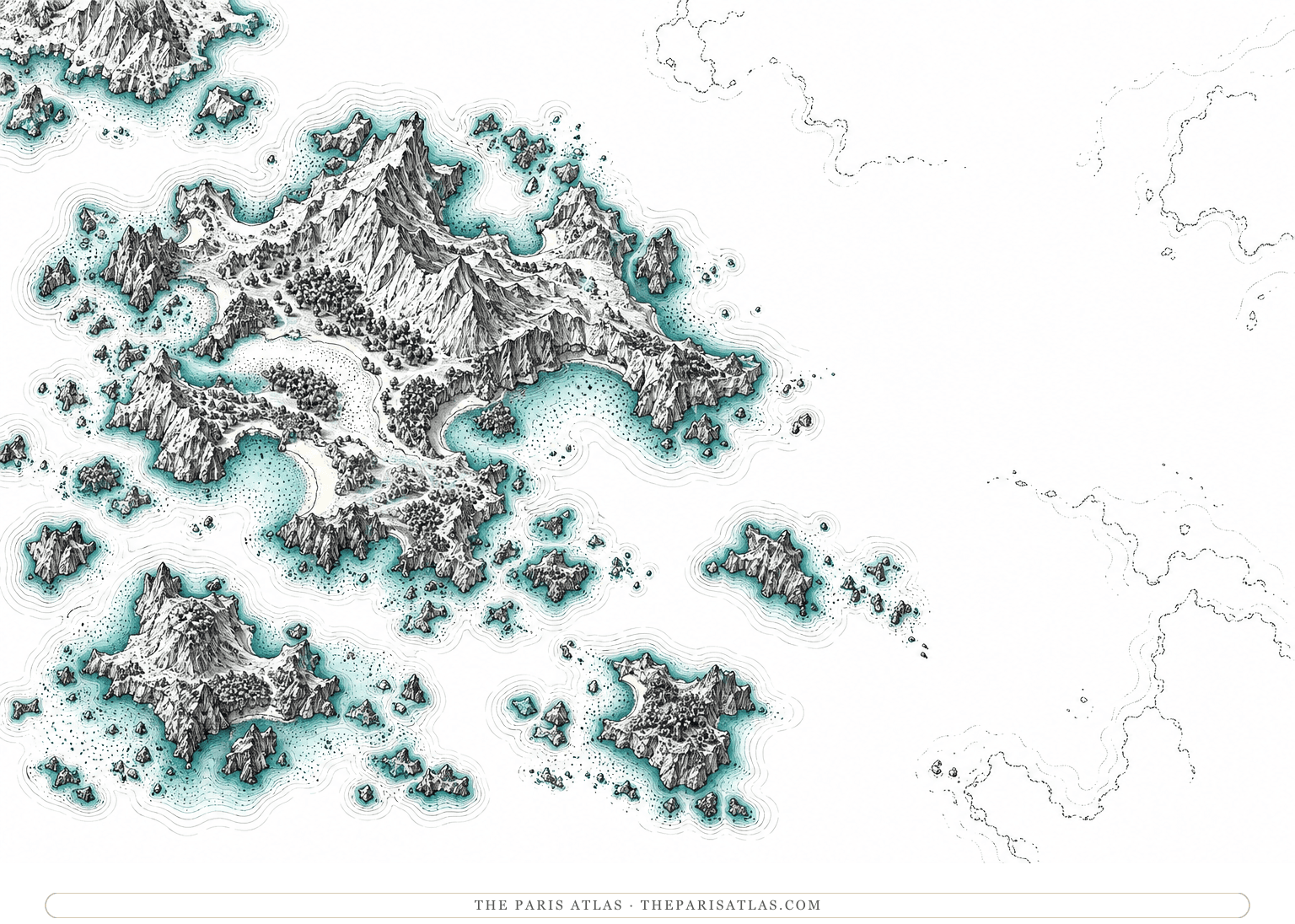 An unfinished imagined maritime chart shows intricately hatched islands and teal shallows surrounded by open white water and incomplete coastal contours.
